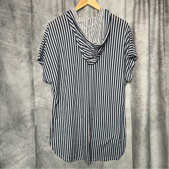 Time And Tru Denim Blue and White Striped Lace Front Hooded Swim Coverup - sz L - Picture 2 of 6